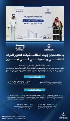 جامعة نجران وبيت الثقافة يوقّعان مذكرة تفاهم لتعزيز الحراك الثقافي والمعرفي في المنطقة