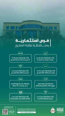 أمانة القصيم تطرح 8 فرص استثمارية بمحافظة عقلة الصقور عبر بوابة «فرص»